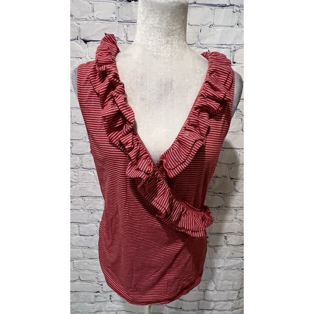 LRL Ralph LAUREN Cotton Knit Sleeveless Ruffled Red/White Top Blouse size L